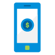 Pictograma de dispositivo movil mostrando en pantalla logo azul con simbolo de dinero.