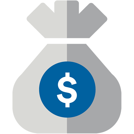 Pictograma de saco de dinero gris, con logo circular azul con simbolo de dinero.