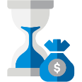 Pictograma de Reloj de Arena con Saco de dinero azul con simbolo de dinero.