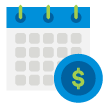 Pictograma de calendario detras de Logo azul con simbolo de dinero