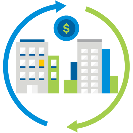 Picograma de edicios, reodeacos por flecha azul y verde estimulando intercambio de izquierda a derecha y viceversa con simbolo de dinero en medio.